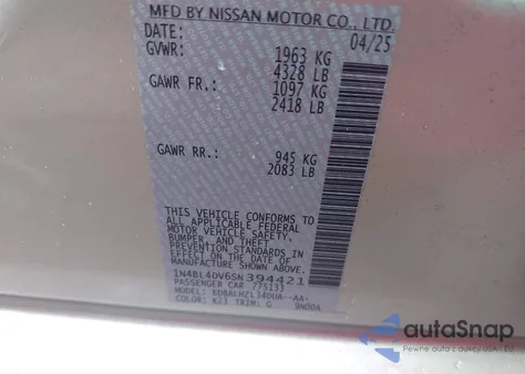 2025 Nissan Altima Sv Fwd z USA, uszkodzony, nr VIN 1N4BL4DV6SN394421